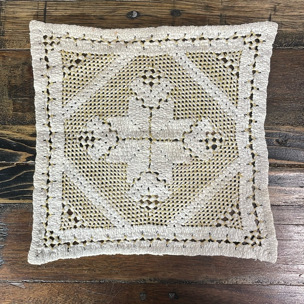 Hardanger doily in cream and gold.  Beautiful hand crafted piece vintage